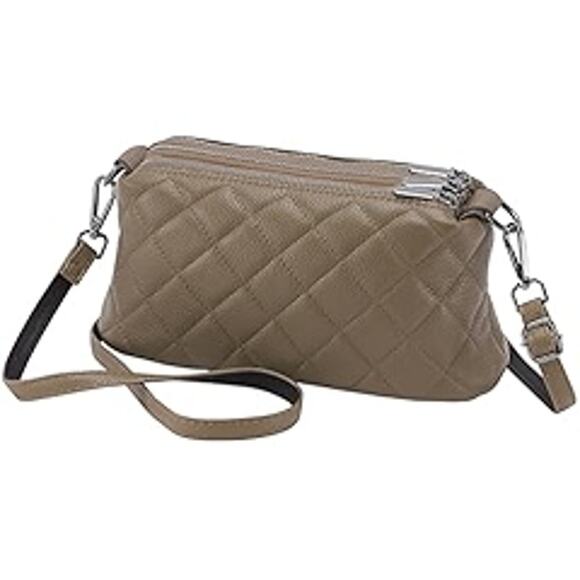 Hua Angel Handbags - NEW Kaki Quilted Crossbody Bag  Triple Zipper Vegan Leather Shoulder Purse